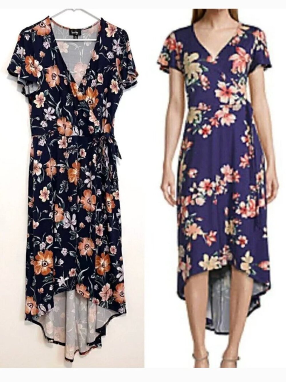 BY & BY / BY&BY Navy Blue Floral Print High Low Hi-Lo Midi Maxi Faux Wrap Dress